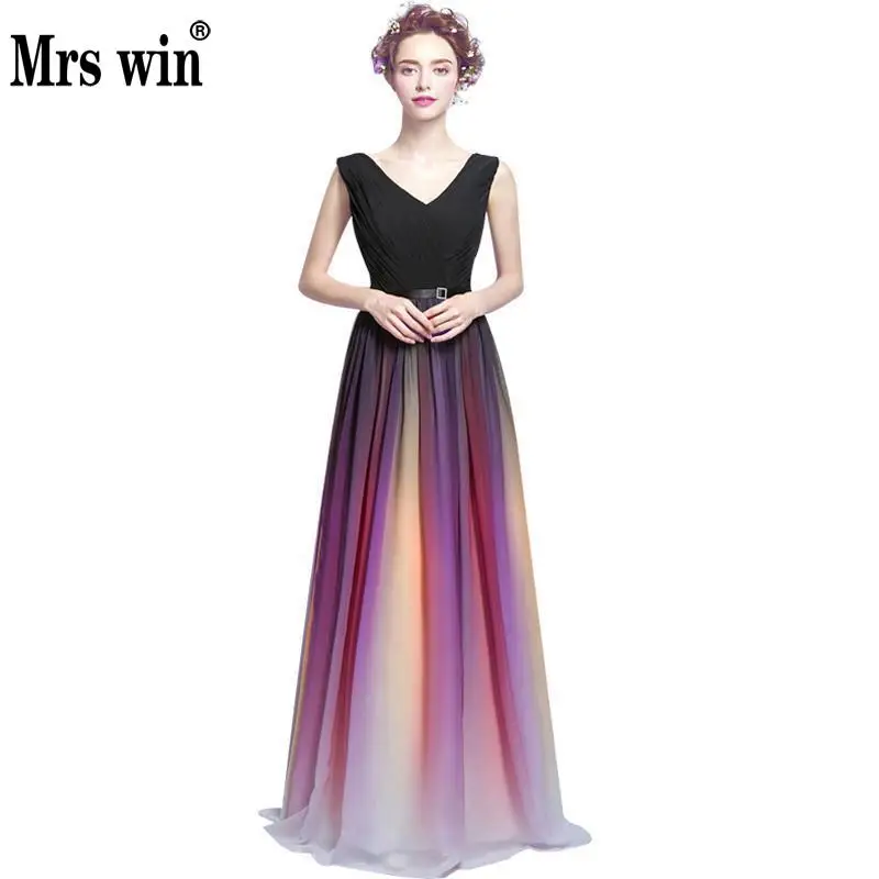 

2018 Gradient Color Chiffon Sexy Deep V Collar Long Evening Dress New Fashion Bride Banquet Elegant Party Prom Dresses