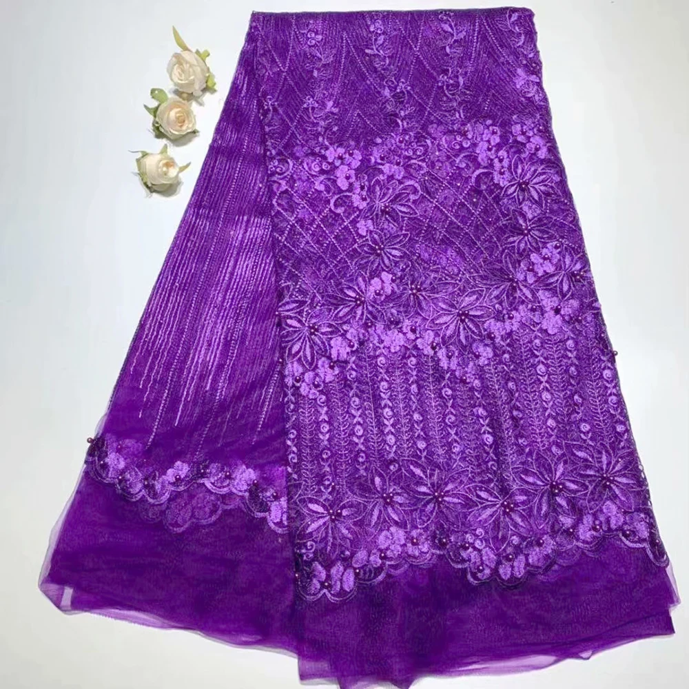 

purple African net lace high quality French mesh lace fabric Embroidery With Beads 5 yards/pcs for Party dress