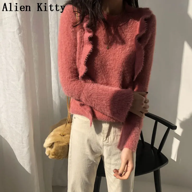 Alien Kitty оборками Повседневная мода женский свежий мягкий сладкий стильный элегантный 2019 Зимний пуловер Бесплатная теплый свитер свежий 2