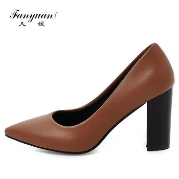 

Fanyuan Shoes Women Pumps High Quality Thick Heels Pointed Toe PU Leather Shoe 2018 Spring Summer Female Shallow Pumps Plus Size