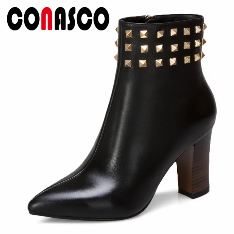 

CONASCO Fashion Brand Women Genuine Leather Ankle Boots Sexy Pointed Toe Autumn Winter Rivets Short Martin Shoes Woman Pumps