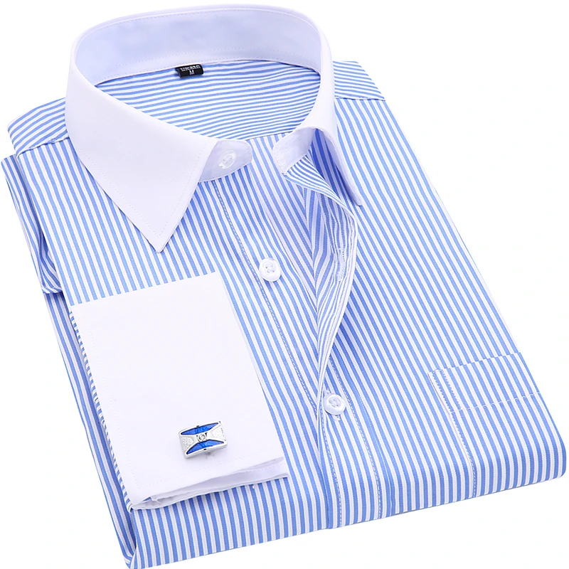 Acheter Haute Qualité Rayé Hommes Français boutons de Manchette Chemises de Tenue Décontractée À Manches Longues Col Blanc Conception Style De Mariage Smoking Chemise 6XL