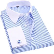 High Quality Striped Men French Cufflinks Casual Dress Shirts Long Sleeved White Collar Design Style Wedding Tuxedo Shirt 6XL