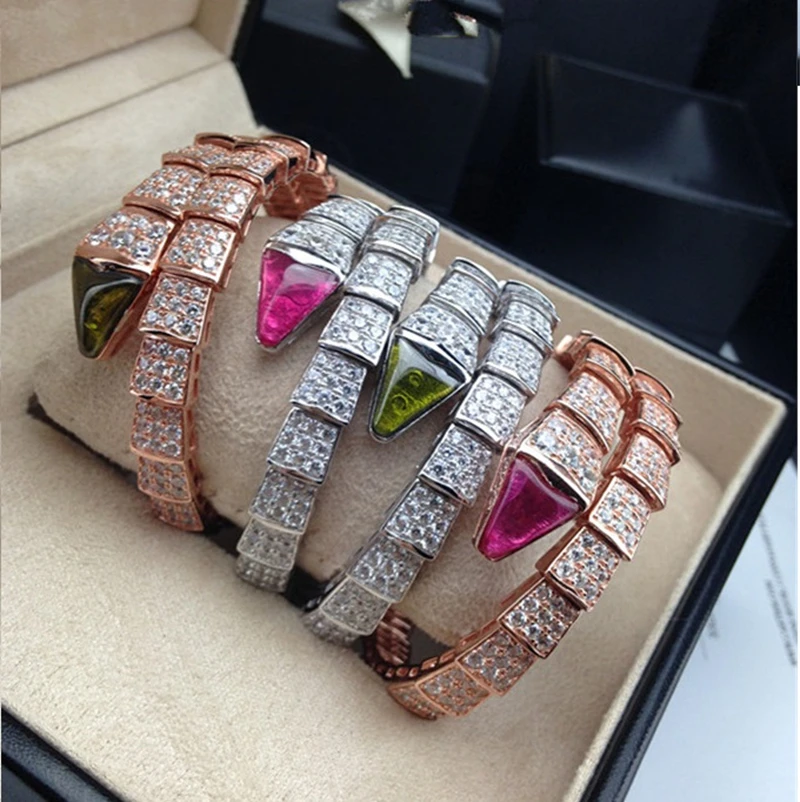 

Fashion Rose Snake Animal Bangle 925 Sterling Silver Green Crystal For Women Wedding Party Gift Brdial Jewelry
