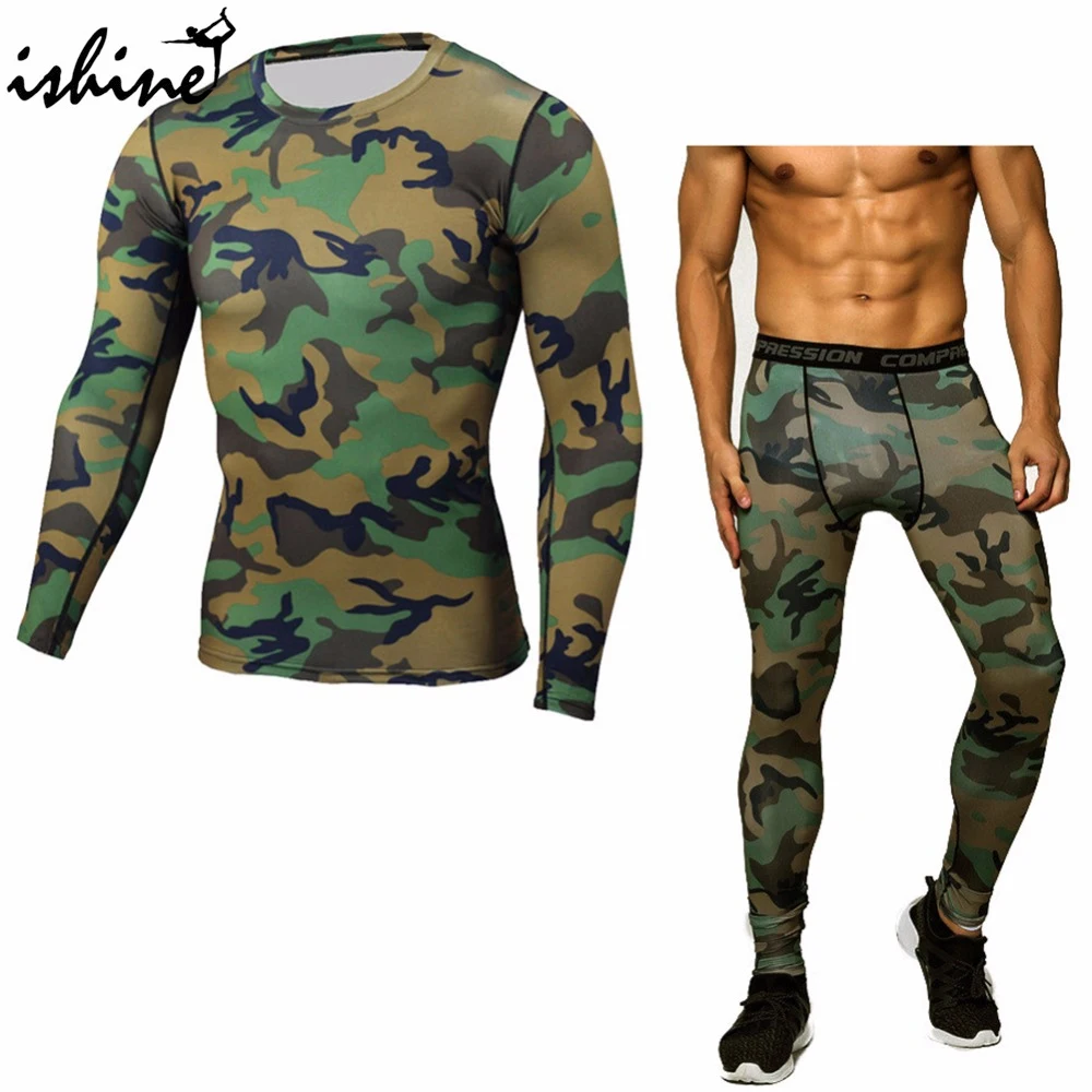 

Brand Men Camouflage Running Sets Compression T-Shirt Clothing Long Sleeve T Shirt + Leggings Fitness Quick Dry Crossfit Suits