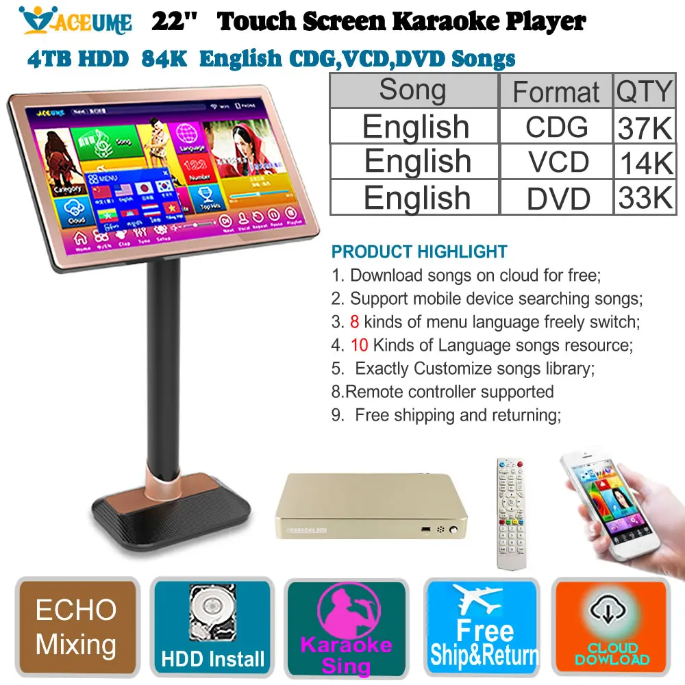 

TSR38, Touch Screen Karaoke Player，4TB HDD 84K English CDG,VCD,DVD Songs,22'',Cloud download,Multi-Language Menu,Home KTV Sings