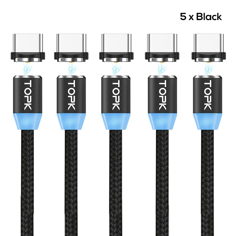 TOPK [5-Pack] R-Line2 светодиодный магнитный кабель usb type C для samsung Galaxy Note 9 One Plus 6 type-C USB C зарядный кабель - Цвет: 5 x Black Cable