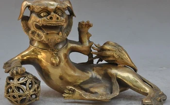 

8"chinese fengshui brass evil spirits animal foo dog lion beast play ball statue