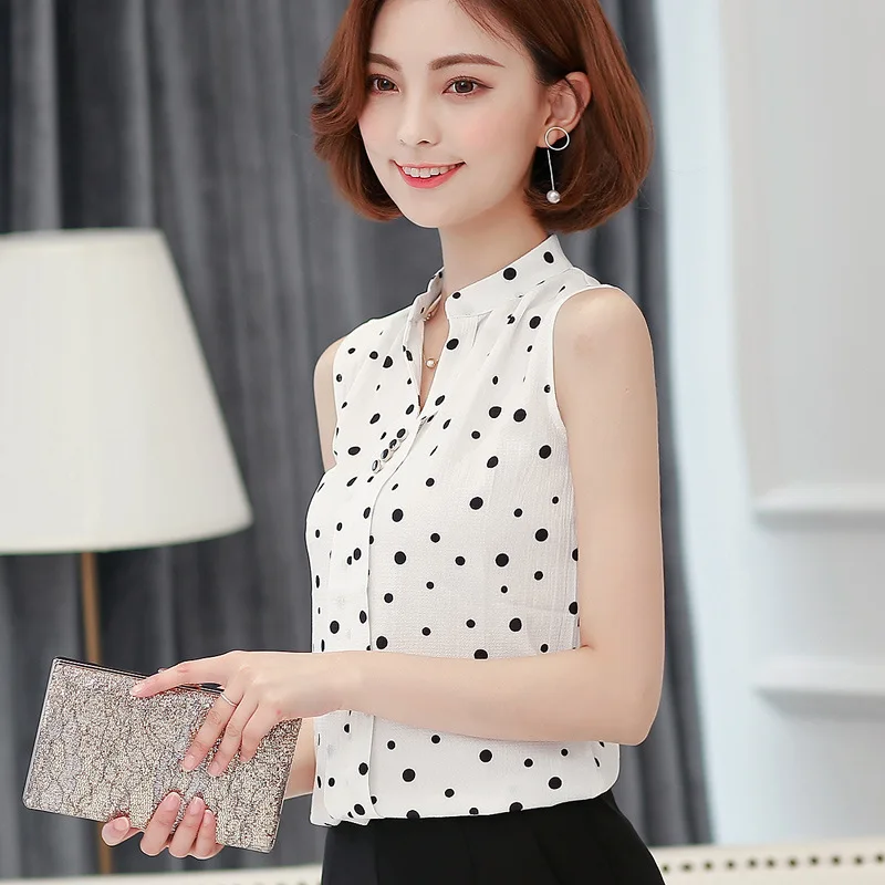Women Chiffon Shirt Female Summer Sleeveless Stand Collar Blouse Office Ladies Fashion Work Top Slim Bottom Shirts Clothes H9036 4