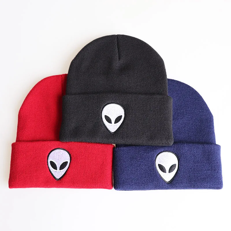 Осенне-зимняя вязаная шляпа теплая акриловая шапка с вышивкой инопланетянина для катания на лыжах