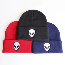 Осенне-зимняя вязаная шляпа теплая акриловая шапка с вышивкой инопланетянина для катания на лыжах