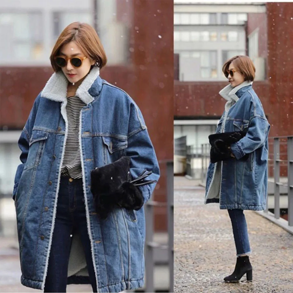 New  Women Warm Winter Long Sleeve Denim Jacket Pockets Long Jean Coat Outwear Overcoat casaco feminino 