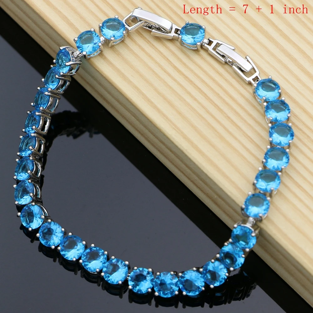 925 Silver Bridal Jewelry Sky Blue CZ Jewelry Sets For Women Anniversary Earrings With Stone Bracelet Necklace Set (8)