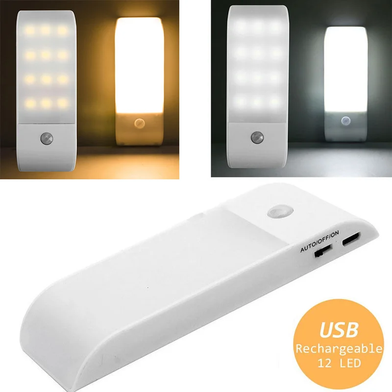  USB Rechargeable PIR Motion Sensor Night Light Wireless 12 LED Under Cabinet Closet Wardrobe Night  - 32830988149