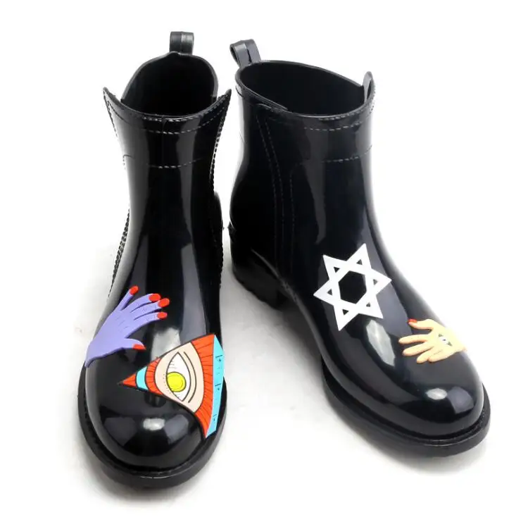 New Hot Women Fashion Graffiti PVC Ankle Rain Boots Flat Heels Non Slip Rainboots Waterproof Water Shoes Woman Wellies #TR199 Women's Shoes
