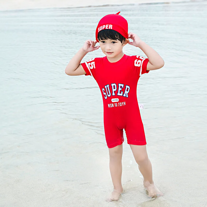Summer Letter Printed Striped Boys Swimsuit Children Sets With Hat For 75-125cm