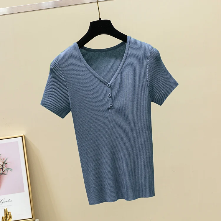 Shintimes, летняя повседневная трикотажная футболка на пуговицах, женская футболка с коротким рукавом, одноцветная футболка, сексуальные топы с v-образным вырезом, 6 цветов, женская футболка