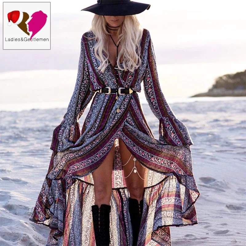 Женское платье с длинным рукавом Boho длинное повседневное пляжное большого