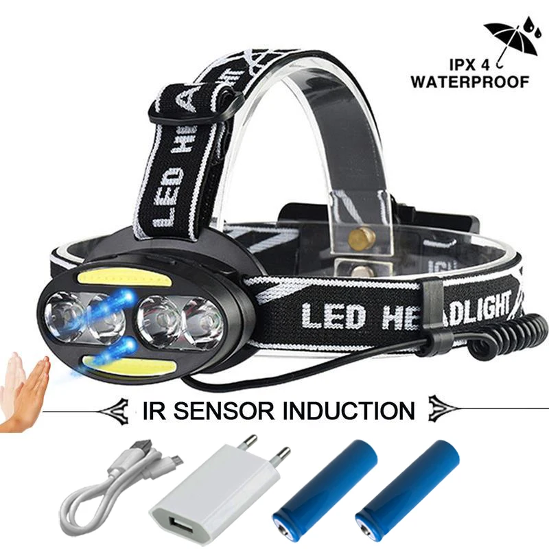 

IR sensor USB Headlamp 35000 lumen High power 8 light source head light XML-T6 COB 18650 rechargeable LED head lamp flashlight