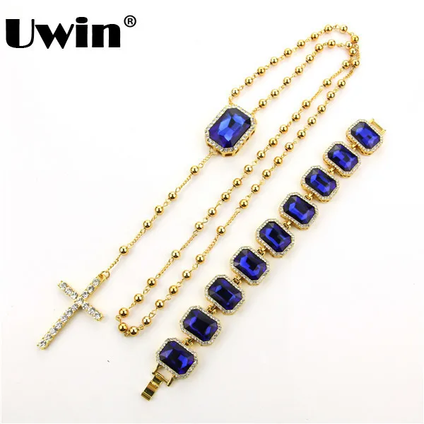 

Gold Color Beads Rosary Necklace with Blue stone and Cross Rosary & Icedout Hip Hop Bracelet Mens Chain Necklace & Bracelet Set