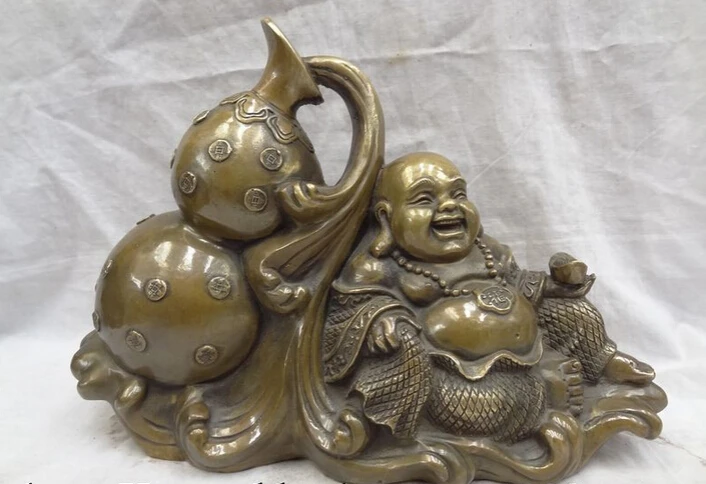 

song voge gem S5061 14" Chinese Bronze YuanBao Fu Happy Laughing Maitreya Buddha Coin Gourd Statue