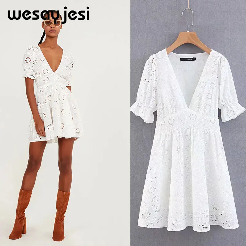 

2019 summer dress women vestidos England style a-line short sleeve hollow out above knee mini vestidos de fiesta party dress