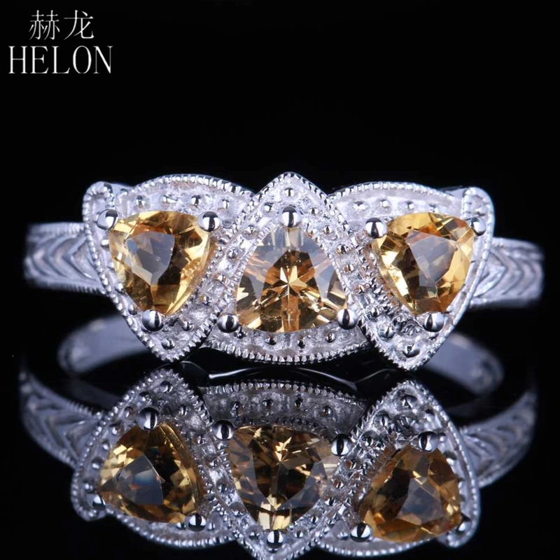 

HELON Three Stones 4mm Trillion 100% Genuine Citrine Solid 14K White Gold Gemstone Wedding Anniversary Ring Fine Jewelry Vintage