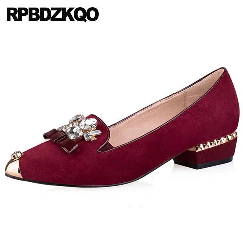 

Rhinestone Bow Suede Genuine Leather Metal Ladies Women Luxury Dress Shoes Crystal Wine Red Pumps Low Heels Block Pointed Toe