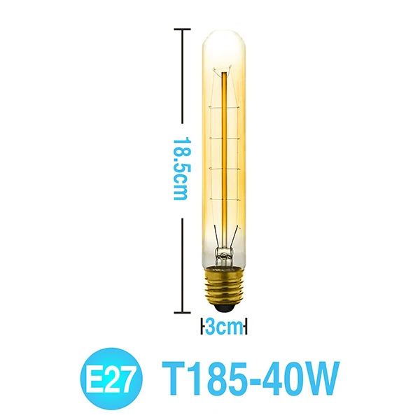 Винтаж Edison 40W AC 220V E27 T 10 T185 T300 лампы накаливания античный ретро Edison LED светильник кафе бар украшения - Испускаемый цвет: T185-40W