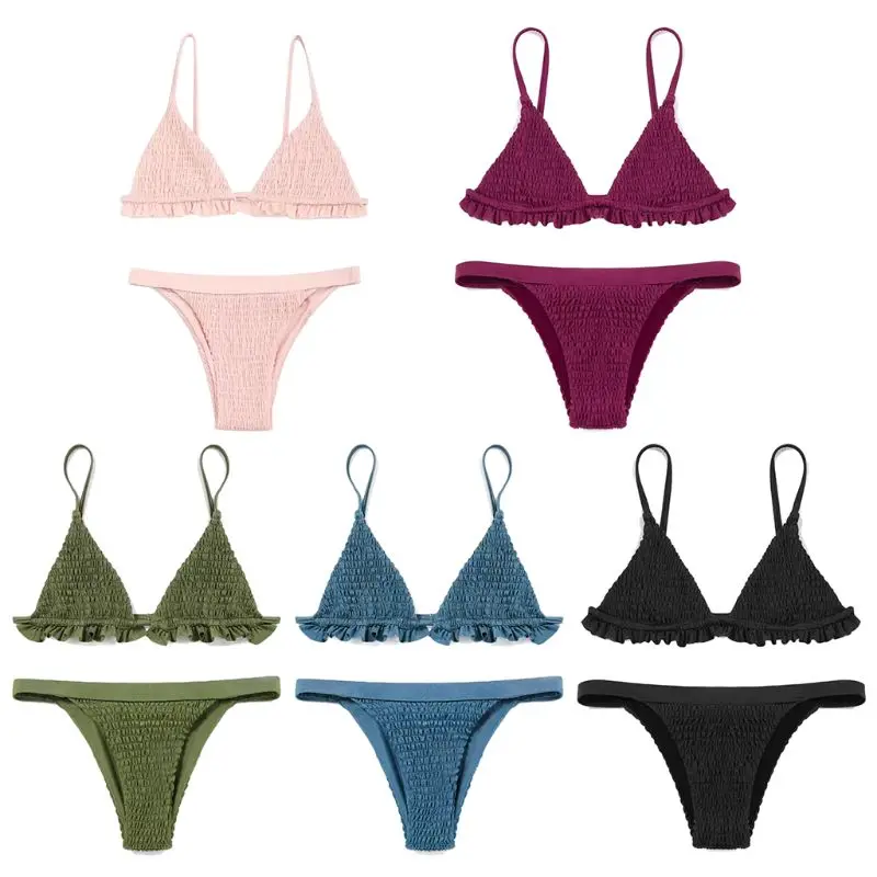 

Women Sexy Set Deep V-Neck Pleated Ruffles Trim Bra Tiered Ruched Stripes Swimsuit Low Waist G-String Bathing Suit