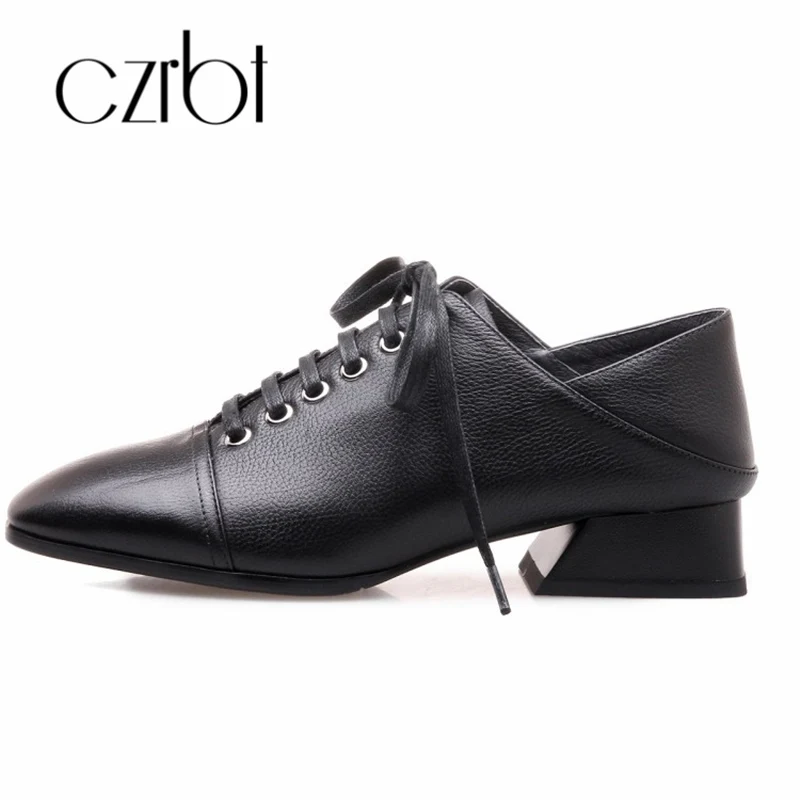 

czrbt 2018 new style leisre square heel autumn lace-up appointment squre toe shoes for women big size 34-42