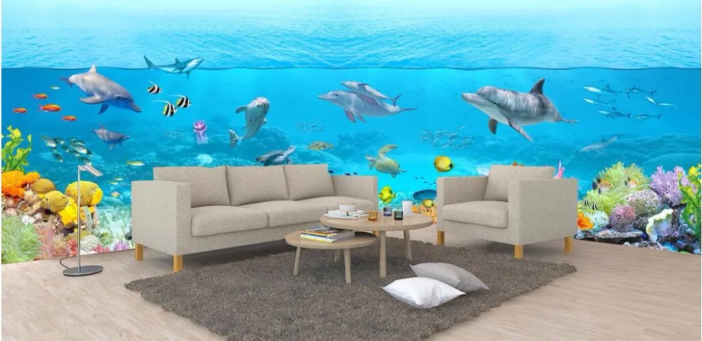 

3d обои на заказ роспись фото морской водный Дельфин коралловые рыбы украшение живопись 3d фотобумага для стен 3 d