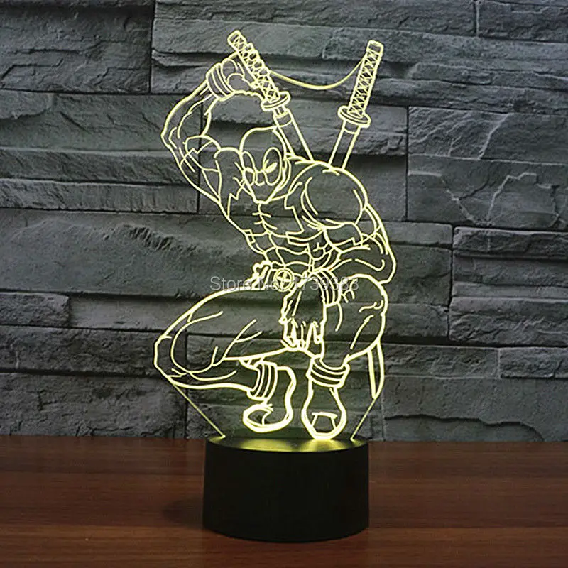 Free Ship 7 Color Changing Hero Deadpool 3D LED Night Light USB LED Decorative LED Table Lamp Color