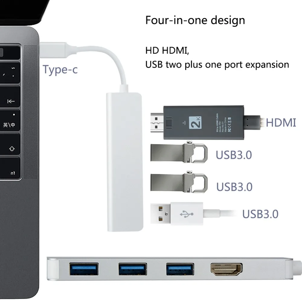 

4 In 1 TYPE-C TO USB3.0 HDMI Adapter HD 4k HDMI Audio Data Cable High Quality Aluminum Alloy Shell USB 3.0 HDMI Adapter Cable