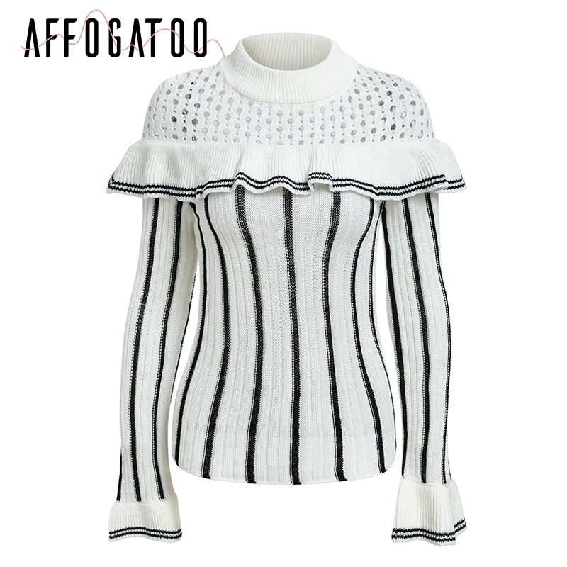 Affogatoo Elegant o neck knitting striped sweater women Hollow out ruffled jumper 2018 Winter flounce sleeve casual pullover Sweaters