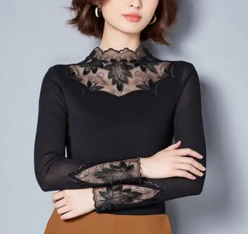 Hollow Out Women Spring Autumn Style Lace Blouses Shirts Casual Long Sleeve Patchwork Spliced Turtleneck Blusas Tops