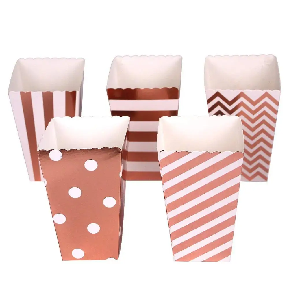 

12pcs Rose Gold Stripe Wave Dot Paper Popcorn Boxes party decoration candy box baby shower wedding boxes Party Supplies