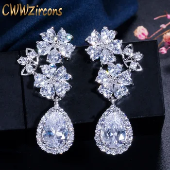 

CWWZircons Brand Lovely Heart Shape Flower Clear Long Tear Drop CZ Stones Bridal Crystal Wedding Earrings for Brides CZ199