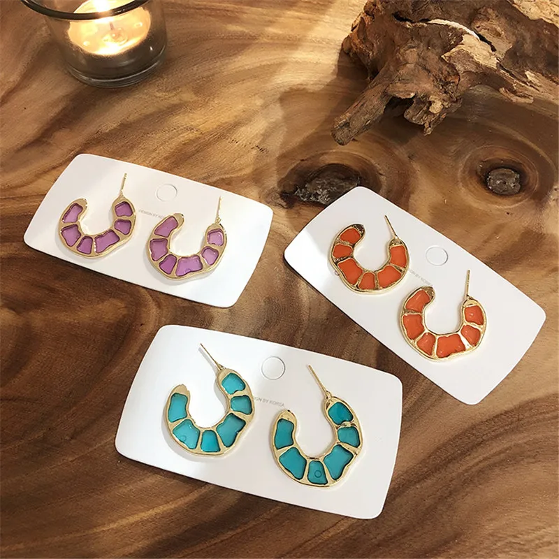 

EARS HIGH 2019 New Korean Fashion Colorful Transparent Irregular Metal Hoop Earrings For Women Charm Holiday Brincos Jewelry