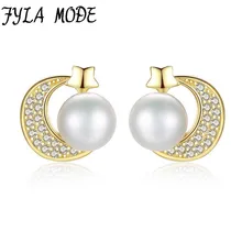 FYLA MODE 925 Pure Sterling Silver Moon Zircon Freshwater Pearl Stud Earring Sweet Lovely Earrings Elegant Female Anti-allergic