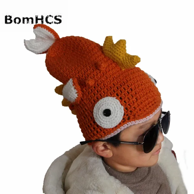 BomHCS “The Goldfish Is on Your Head” Funny Winter Crochet Beanie Animal Fish Cool Handmade Hat for Kids Age 3-10