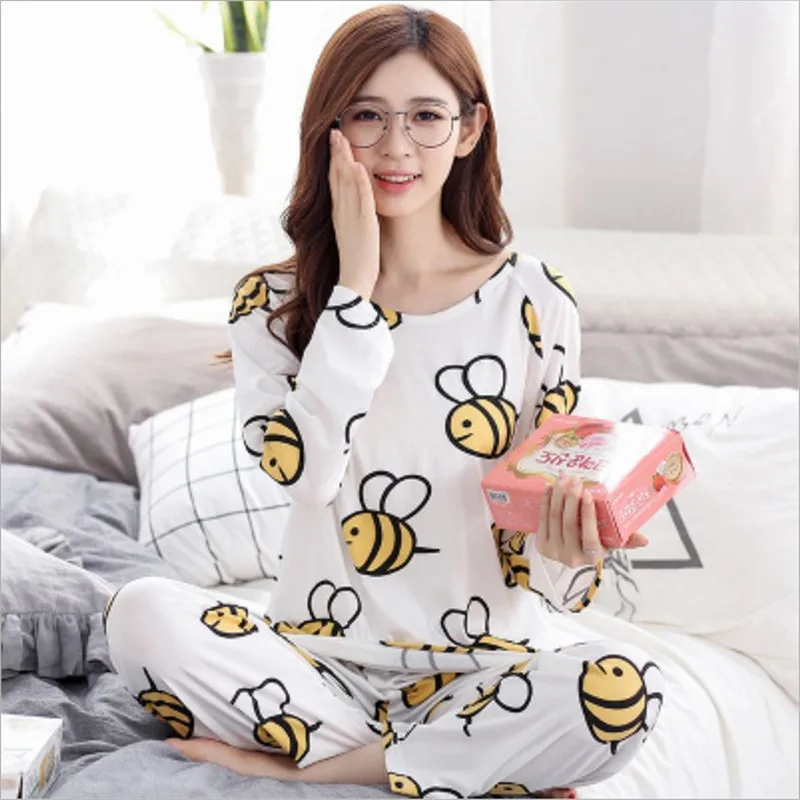 

Cotton Women Pajamas Sets Animal Bee Print Long Sleeve Long Pants Women Sleepwear For Autumn Nightgown Casual Women Clothes