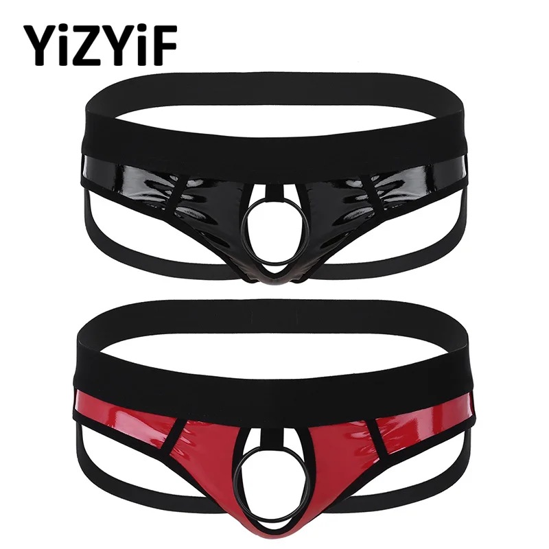 

Sexy Mens bikini swimwear Faux Leather Jockstrap Thong swimsuit Open Back Hollow Out Low Rise G-string Gay Underwear swim briefs