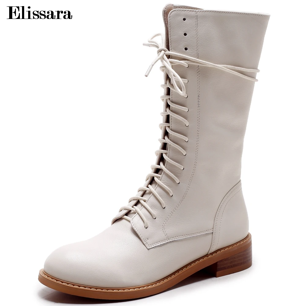 

Elissara Genuine Leather Shoes Woman Boots Med Heels Mid Calf Boots Women Casual Lace Up Boots Shoes Size 34-39