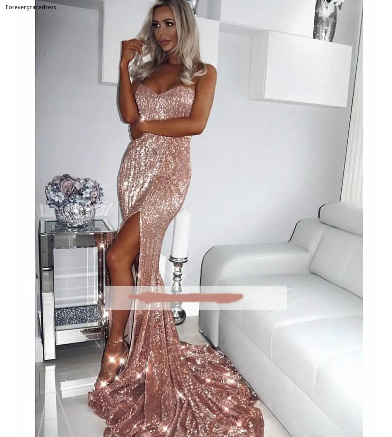 

2019 Rose Gold Prom Dress Mermaid Split Sequins Pageant Holidays Graduation Evening Party Gown Custom Made Plus Size
