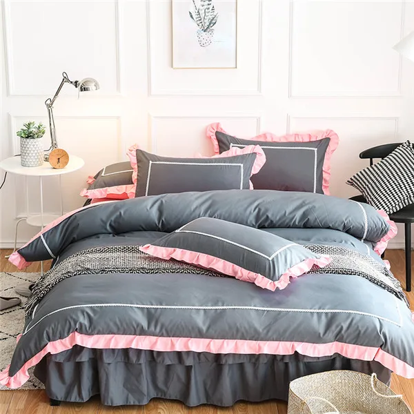 style1 Розовый серый кружева принцесса постельного белья twin королева king size девушки дети пододеяльник устанавливает кровать юбка мягкая постельное белье домашний текстиль - Цвет: style1