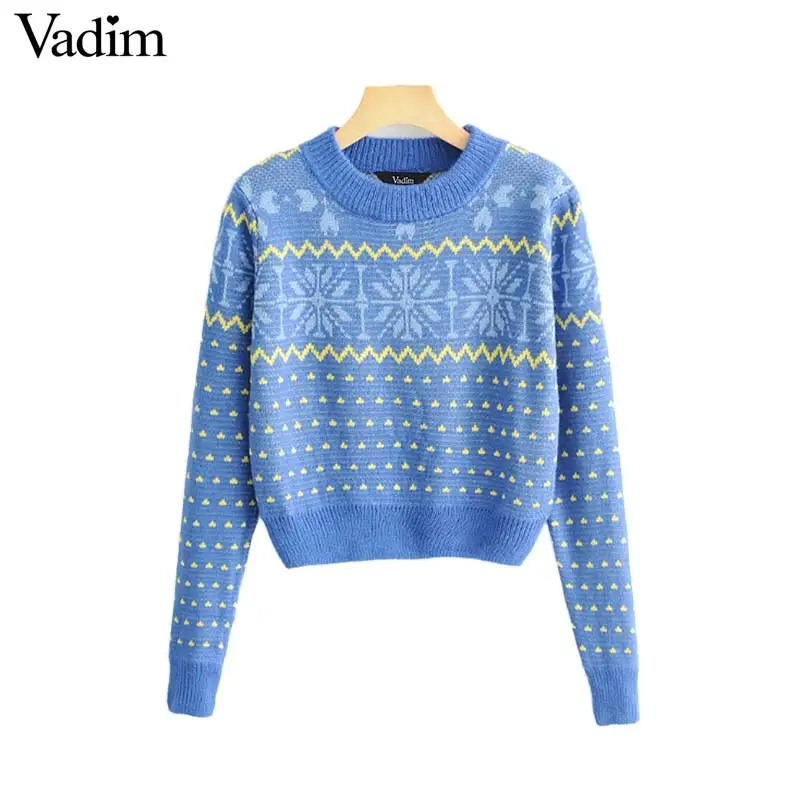 Vadim women chic geometric pattern knitted sweaters long sleeve o neck stretchy pullovers female casual sweet basic tops HA287 | Женская
