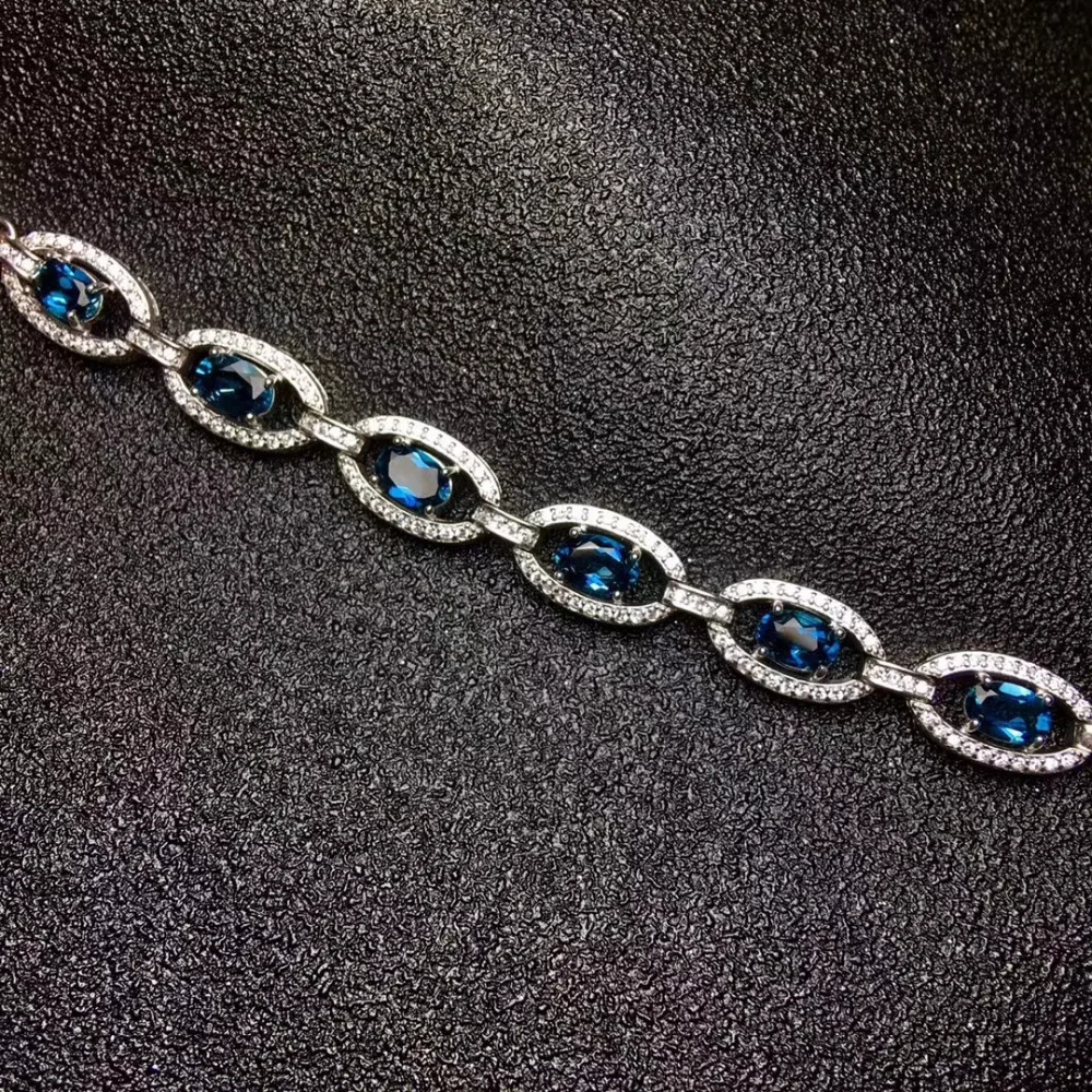 Bracelet de topaze bleue naturelle Bracelet de pierres précieuses naturelles 925 bracelet en argent