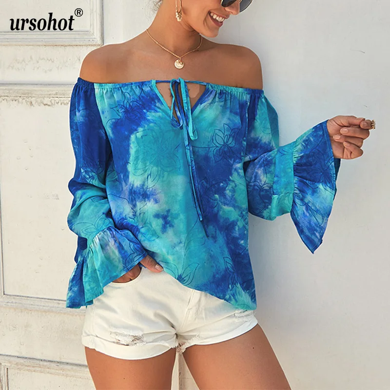 

Ursohot Off Shoulder Tie Dye Print Blouse Shirts Women 2019 Summer Slash Neck Long Sleeve Blouse Vintage Lady Tops Beachwear