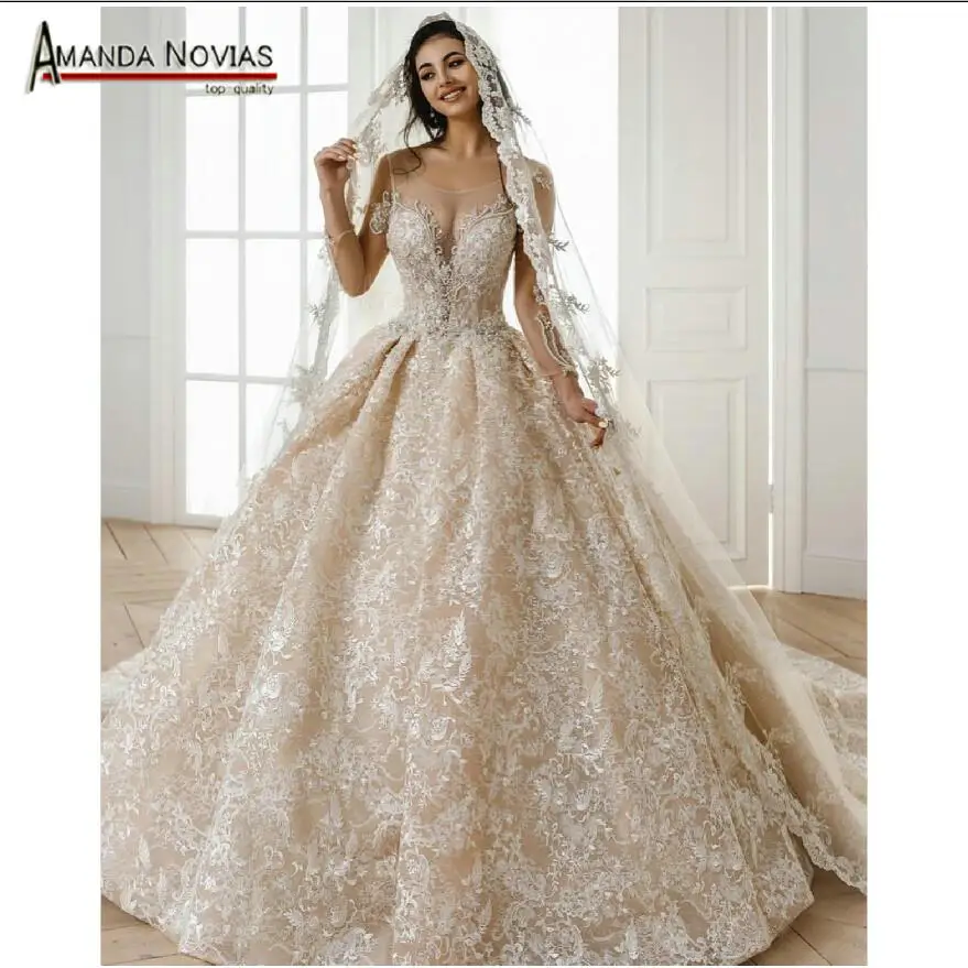 Полностью кружевное свадебное платье цвета шампань с длинным пышное свадебное платье со шлейфом